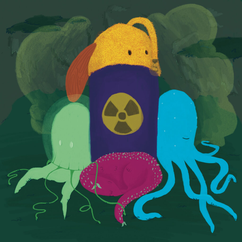 Illustratie gemaakt in Procreate. Fictieve dieren die opladen met radioactiviteit.