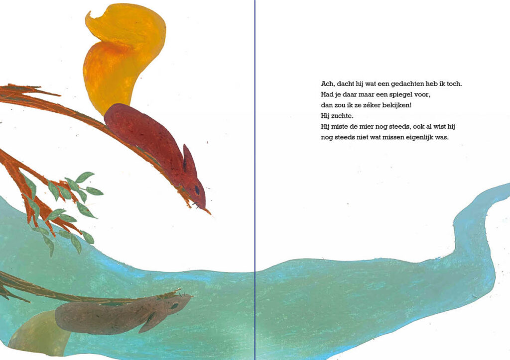 Illustratie van eekhoorn en mier voor een fictief werk met de tekst van Toon Tellegen. gemaakt in pastelkrijt en inkt.